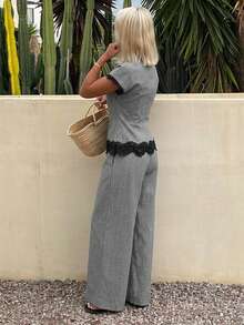 DAZY Spring Summer Women's Striped Waist-Cinched Short Sleeve Asymmetrical Hem Design Lace Patchwork Loose Fit 2pcs Set Long Pants - Grey - View 2