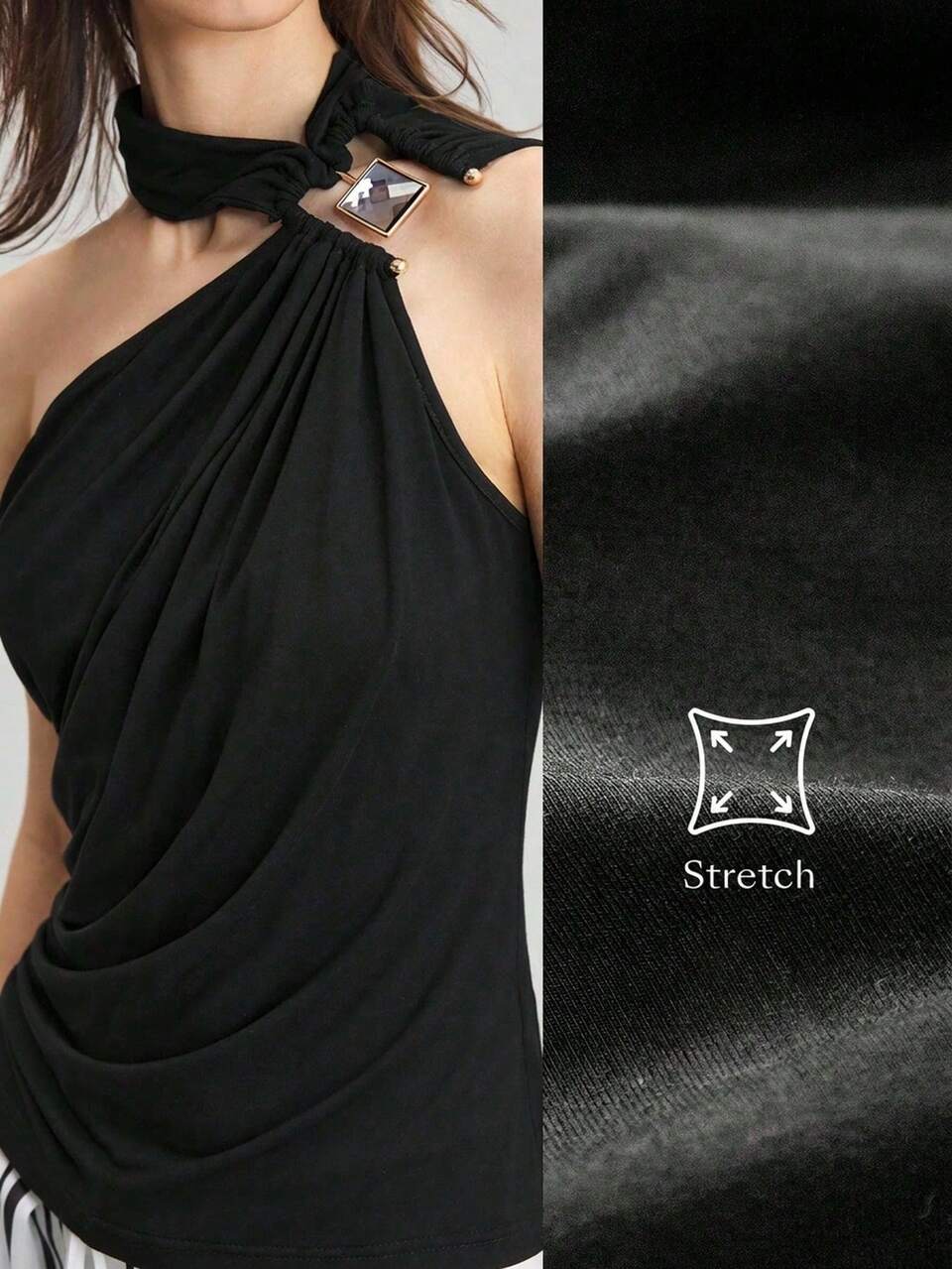 Women's Teacher Outfit, Independence Day, Vacation Style, Urban Style, Knit Material, Viscose Fiber Material, Black, Four-Way Stretch, Elastic Knit Fabric, Black T-Shirt, Women's T-Shirt, Women's Top, Metal Decoration, Asymmetric, Asymmetrical, Summer Clothing, Daily Clothing, 2025 New Arrival