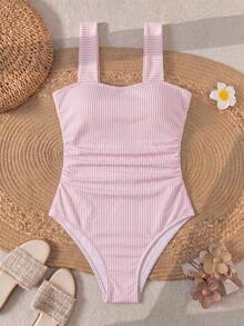 Swim Lushoire Springbreak 女款純色抓皺肩帶極簡風一件式泳衣 節慶波希米亞風 - 粉色 - 查看 3