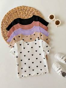 5pcs -Piece Set Of Solid Color Heart Pattern Knitted Casual T-Shirts For Baby Girls (Multiple Pieces) - Mauve Purple - View 6
