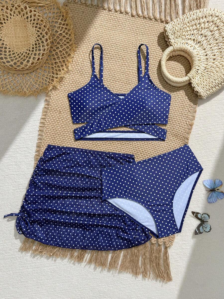 SHEIN 青少年女孩3件式分體泳衣套裝，針織面料，藍色配白色波點印花，優雅成熟風格，適合度假、海灘游泳、泳池戲水，下身附網紗裙