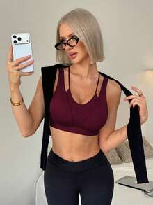 SHEIN Sports 女款素色休閒日常運動內衣 - 酒紅色 - 查看 3