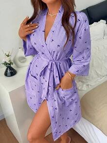 Napfluff Bata casual de mujer con estampado de cuadros de cereza y frente abierto - Morado - Ver 3