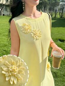 Al Najma Women's Elegant And Casual Sleeveless Three-Dimensional Floral Dress, Light Yellow, Spring And Summer - Yellow - View 4