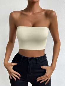 Allurite Women Solid Color Bandeau Backless Sleeveless Top - Beige - View 6