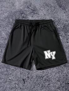 Manfinity Homme Men's Letter Print Drawstring Waist Casual Shorts - Black - View 2