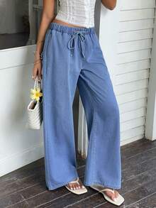 Breezaya Women's Belted Wide Leg Loose Casual Jeans - Blue - View 6