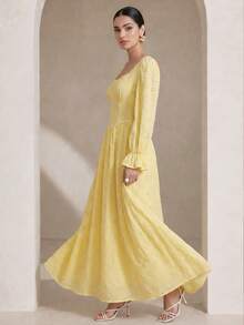 Graceveil Women Spring Autumn Cotton Eyelet Cinched Waist Maxi Dress Square Neck Puff Sleeve Ruffle Cuff Long Gown For Daily Outing Date Sisters Gathering - Yellow - View 7