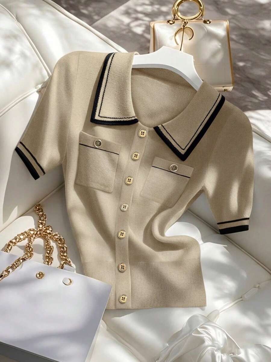 GlowEve Women's Collared Contrast Trim Short Sleeve Striped Single-Breasted Button-Up Cardigan With Dual Pockets - Multicolor - View 1