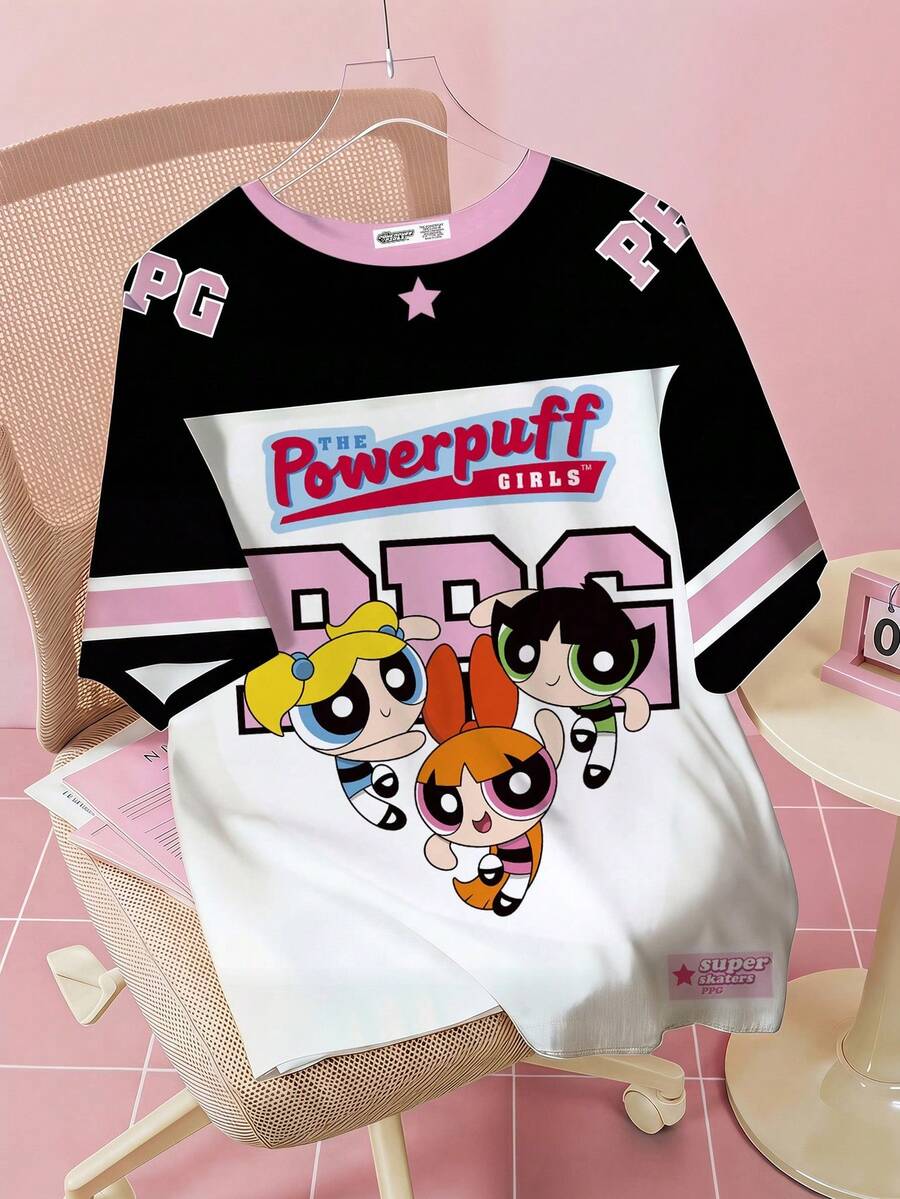 THE POWERPUFF GIRLS X SHEIN 男士寬鬆短袖舒適休閒卡通運動街頭風英文字母條紋花朵泡泡毛茛圖案T恤 - 白色 - 查看 1
