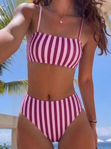 Swim Mod Women's Spring/Summer Vacation Casual Sexy Random Print Striped Bandeau Top And Sexy High Waist Bikini Bottom 2pcs Set - Multicolor - View 1