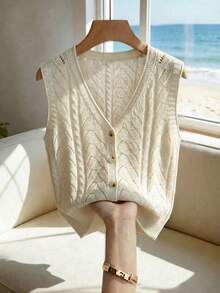 SHEIN 夏季海灘度假象牙色針織V領無袖上衣，葉片圖案針織前開鈕扣設計，羅紋下擺飾邊，細緻女性魅力與復古休閒風 - 杏色 - 查看 4