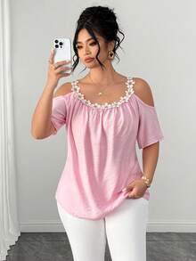 Elenzga Plus Size Round Neck Patchwork Lace Collar Cold Shoulder Short Sleeve Meteor Pleated Texture Pink Blouse Brunch Formal Summer Elegant Autumn - Pink - View 5