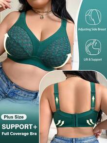 DesireSculpt Plus Size Lace Patchwork Wireless Bra, 1pc - Dark Green - View 3