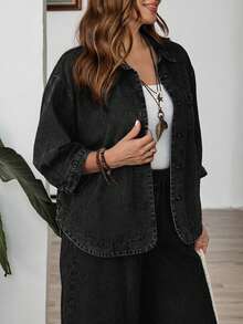 EMERY ROSE EMERY ROSE Plus Size Solid Color Drop Shoulder Casual Loose Front Button Denim Blouse Going Out Tops - Black - View 5