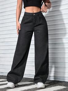 SHEIN ICON 大尺碼女款秋冬口袋寬腿寬鬆牛仔長褲 - 黑色 - 查看 6