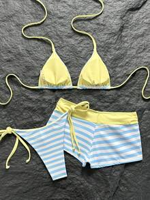 Swim Mod Women's Spring/Summer New Polka Dot Print Bow Decor V-Neck Halter Neck Backless Triangle Bikini Top Tie-Side Triangle Bottoms Hipster Bikini Set 3pcs - Multicolor - View 5