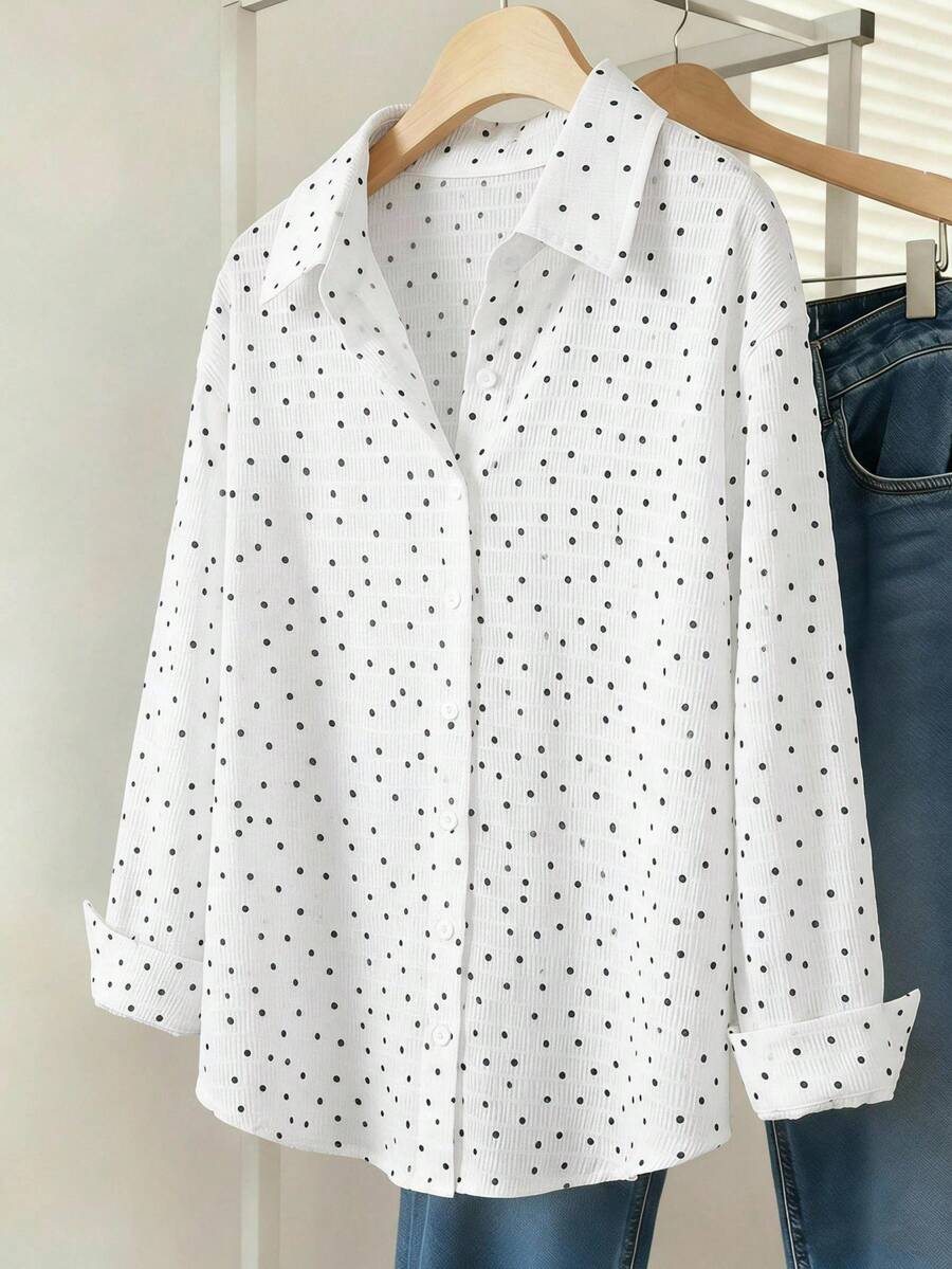 SHEIN 青少年女孩(13-19岁)休闲简约米白细条纹长袖纽扣衬衫,春秋季轻薄透气面料,适合日常上学和休闲外出穿着。 - 白色 - 查看 1
