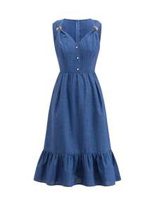 Gownix Women's Sleeveless Decorative Button Waist-Cinched Ruffle Elegant Dress Garden Party Aqua Blue Summer - Blue - View 7