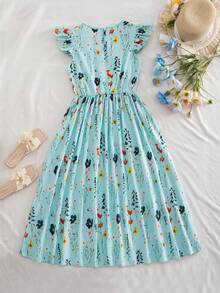SHEIN Sparklyn 碎花图案短袖收腰连衣裙，适合少女度假、日常休闲穿着 - 藍色 - 查看 2