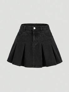 Girls' Denim Skirt 2026 Summer New Arrival Casual Preppy Style Black Summer Denim Pleated Mini Skirt Elastic Waist Design Versatile A-Line Denim Skirt Suitable For Daily Outings Summer Vacation School Commute Outdoor Gatherings Home And More - Black - View 1