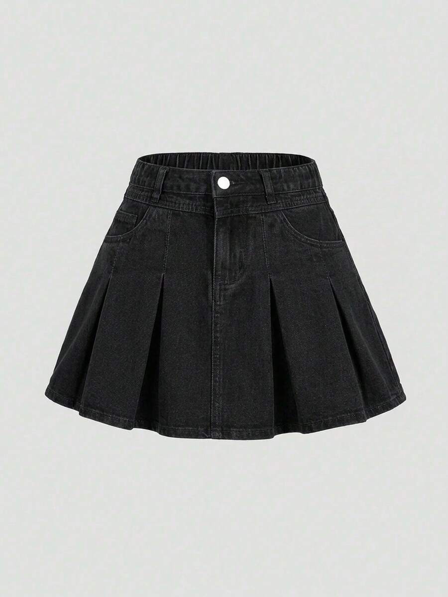 Girls' Denim Skirt 2026 Summer New Arrival Casual Preppy Style Black Summer Denim Pleated Mini Skirt Elastic Waist Design Versatile A-Line Denim Skirt Suitable For Daily Outings Summer Vacation School Commute Outdoor Gatherings Home And More - Black - View 1