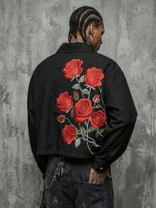 Manfinity ZONE917 Boxy Cropped Loose Fit Faux Embroidery Rose Floral Print Long Sleeve Shirt, Suitable For Spring And Summer, Gift For Friends - Black - View 5