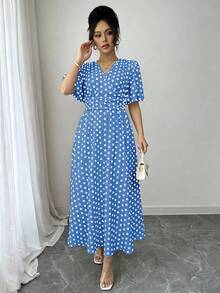 SHEIN LUNE 女款波點印花重疊V領荷葉邊短袖優雅老錢風度假藍色夏季洋裝 - 淺藍色 - 查看 7