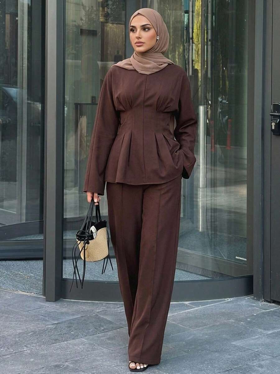 DAZY 女士休闲纯色系带衬衫和阔腿裤两件套，春夏女士家居服套装 - 咖啡棕 - 查看 1
