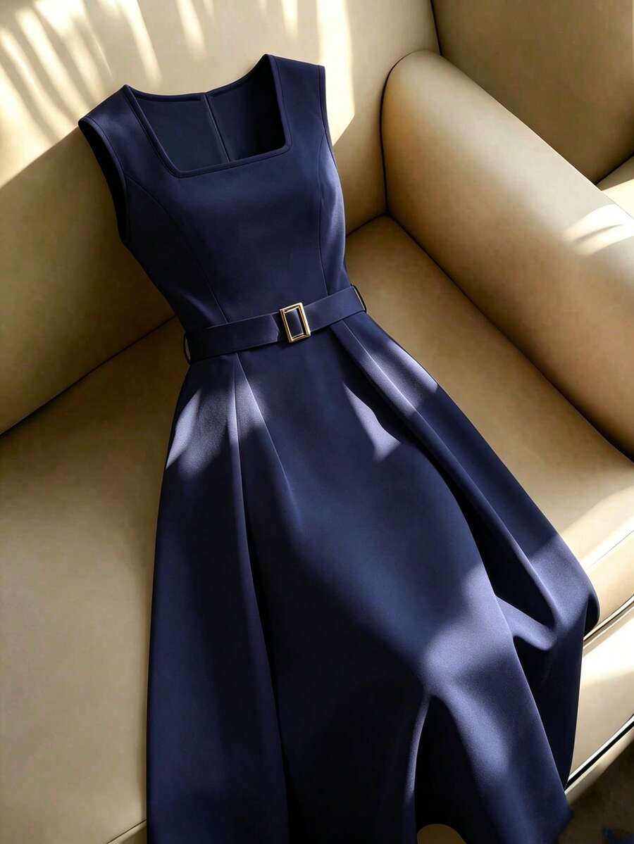 Weeklong Women's Plus Size Summer 1 Piece Commute Elegant Square Neck Sleeveless Waist-Cinched A-Line Dress Slimming Concealing Body-Flattering High-End Mid-Length Tank Dress - Navy Blue - View 1