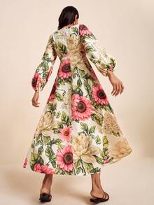 LOTSLUV Damen Herbst Hochzeit, Rosa und Weiß Polka Dot Blumen Tropen Allover Muster, V-Ausschnitt Langarm Twist Knoten Kleid, Elegant Romantisch Urlaub - Verschiedenfarbig - Übersicht 2
