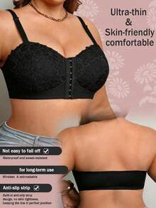 SHEIN Plus Size Black Wireless Lace Front Closure Supportive Bra Push Up Bra Curve Big Bra Push Up Bras Plus Size - Black - View 4