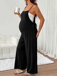 SHEIN Maternity Summer Casual Solid Color Spaghetti Strap Jumpsuit,Autumn Outfit For Women - Black - View 4
