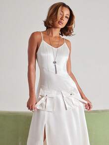 NYA SZN Dress Maxi Length Satin Cargo Pocket Brunch Going Out Sexy Office Siren White Outfits For Women - Silver - View 5