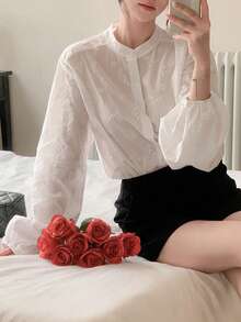 DAZY 純色寬鬆長袖優雅度假風夏季女款襯衫校園風 - 白色 - 查看 2