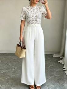 Elenzga 2026 Spring/Summer Elegant Outing & Date Multi-Occasion Small Stand Collar Lace Embroidered Patchwork Jumpsuit - White - View 3