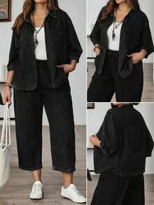 EMERY ROSE EMERY ROSE Plus Size Solid Color Drop Shoulder Casual Loose Front Button Denim Blouse Going Out Tops - Black - View 1