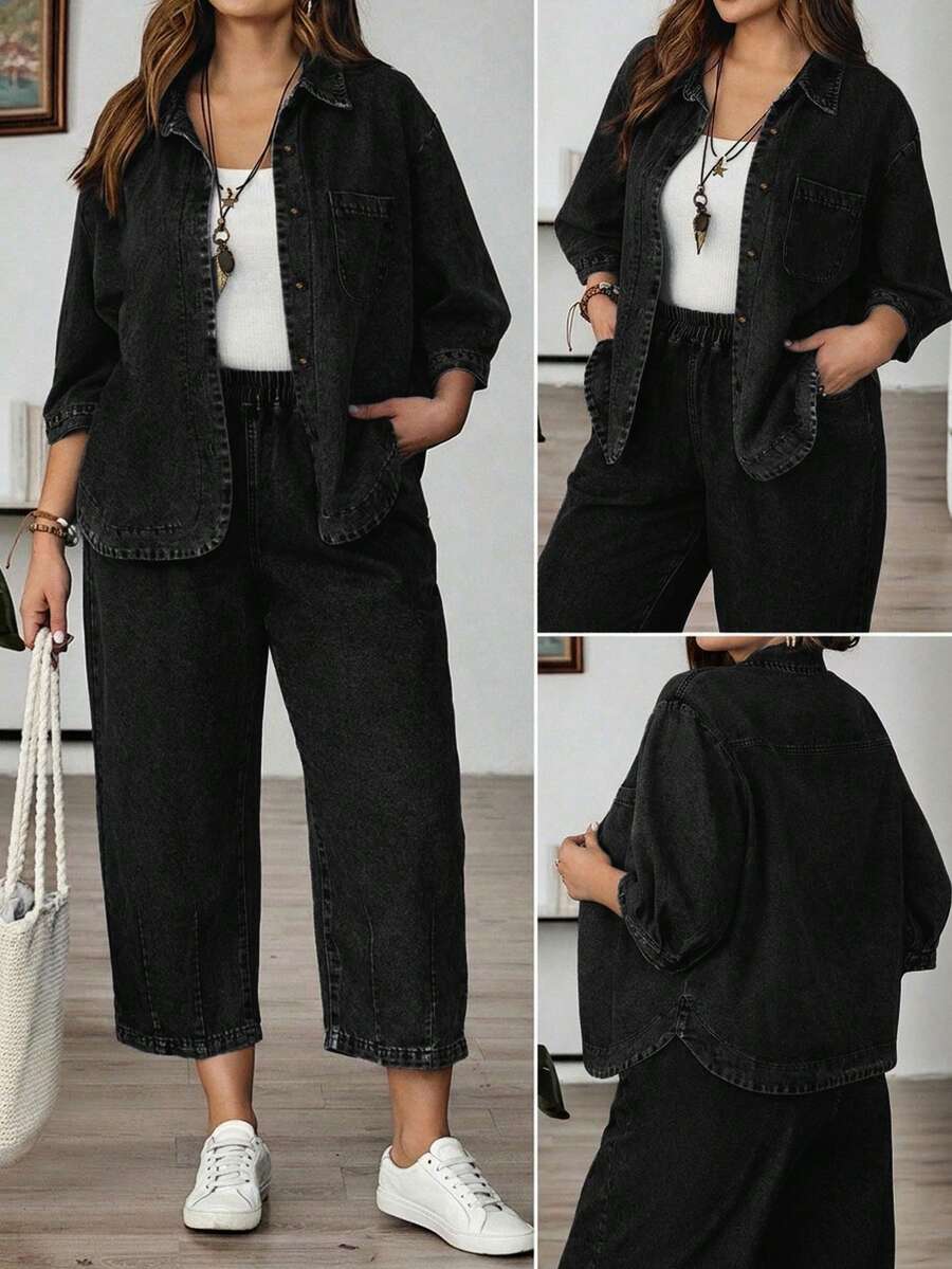 EMERY ROSE EMERY ROSE Plus Size Solid Color Drop Shoulder Casual Loose Front Button Denim Blouse Going Out Tops - Black - View 1