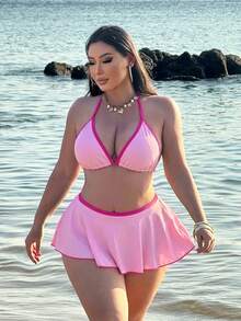 Swim SXY 大尺碼女款兩件式性感海灘裝夏季套裝：細肩帶波點印花上衣搭配對比色荷葉邊比基尼泳褲，比基尼套裝 - 粉色 - 查看 4