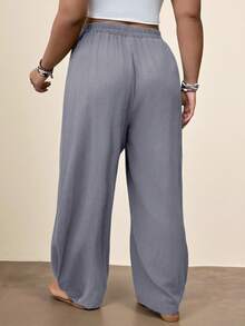 Freevana Plus Size Vacation Casual Pocket Tapered Long Pants Vacation Dusty Blue Summer - Dusty Blue - View 2