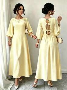 Yasmyna Round Neck Back Hollow Pearl Embellished Waist-Cinched Yellow Arabian Dress - Yellow - View 4