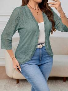 Reflora Chaqueta de mujer de talla grande con manga 3/4 de tejido de punto con textura para otoño - verde menta - Ver 4