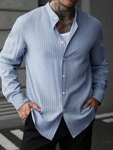 Manfinity Homme Men's Front Button Stand Collar Striped Print Long Sleeve Shirt - Blue - View 5