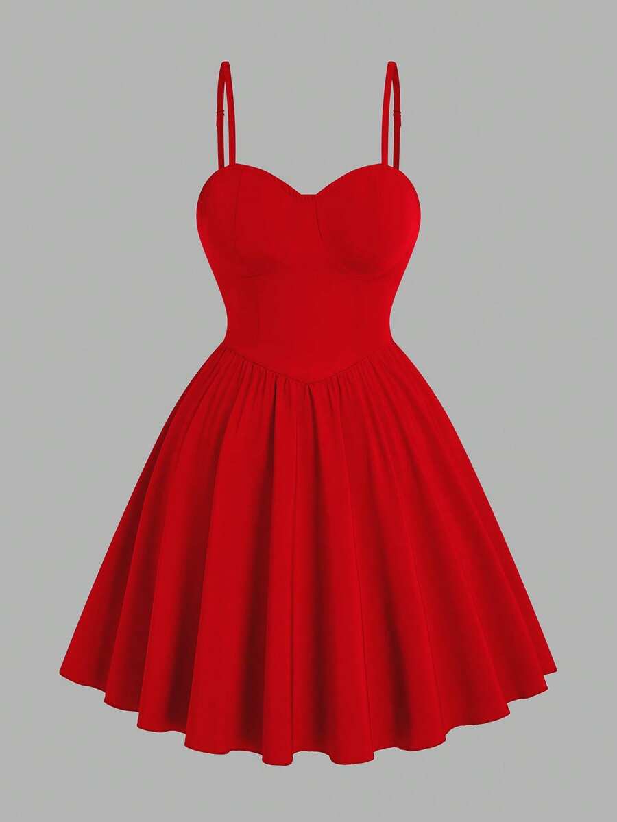 Sweetra Plus Size Women's Solid Color Pleated Elegant Waist-Defining Cami Dress For Date And Party - Red - View 1