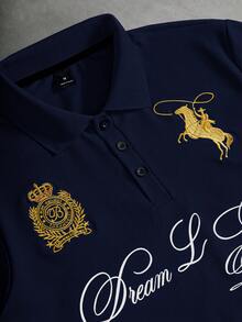 PAVTROS Men's Minimalist Gold Thread Embroidered Short Sleeve Polo Shirt - Navy Blue - View 2