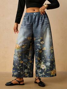 Travachic Plus Size Women's Floral Print Wide Leg Loose Casual Long Pants Fall - Black - View 6