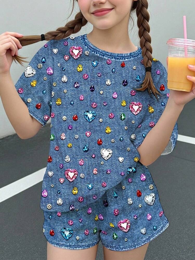 Teen Girl Casual Cute Sweet Polka Dot Shiny Textured Heart Print, CobaltBluePop, Short Sleeve Shorts 2-Piece Set Suitable For Summer Cozy Spring And Summer Styles, Graphic, Kawaii - Multicolor - View 1