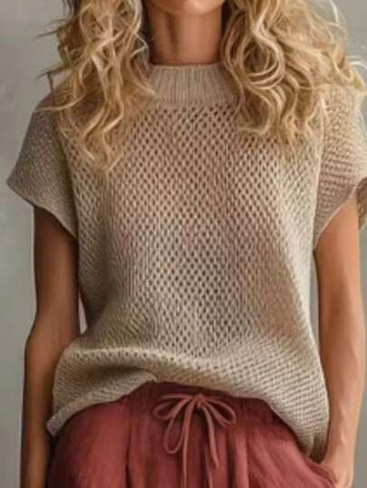 SHEIN Women's Round Neck Fashion Mesh Hollow Knit Short Sleeve