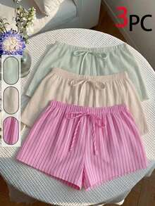 Comfortcana 3pcs/Set Comfortable Home Shorts Suitable For Summer Date Night Green Striped Beige Pink Stripe Casual - Multicolor - View 4