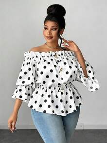 Maweii Camisa de botones con hombros descubiertos, volantes y estampado de lunares para mujer talla grande, de verano - Multicolor - Ver 2
